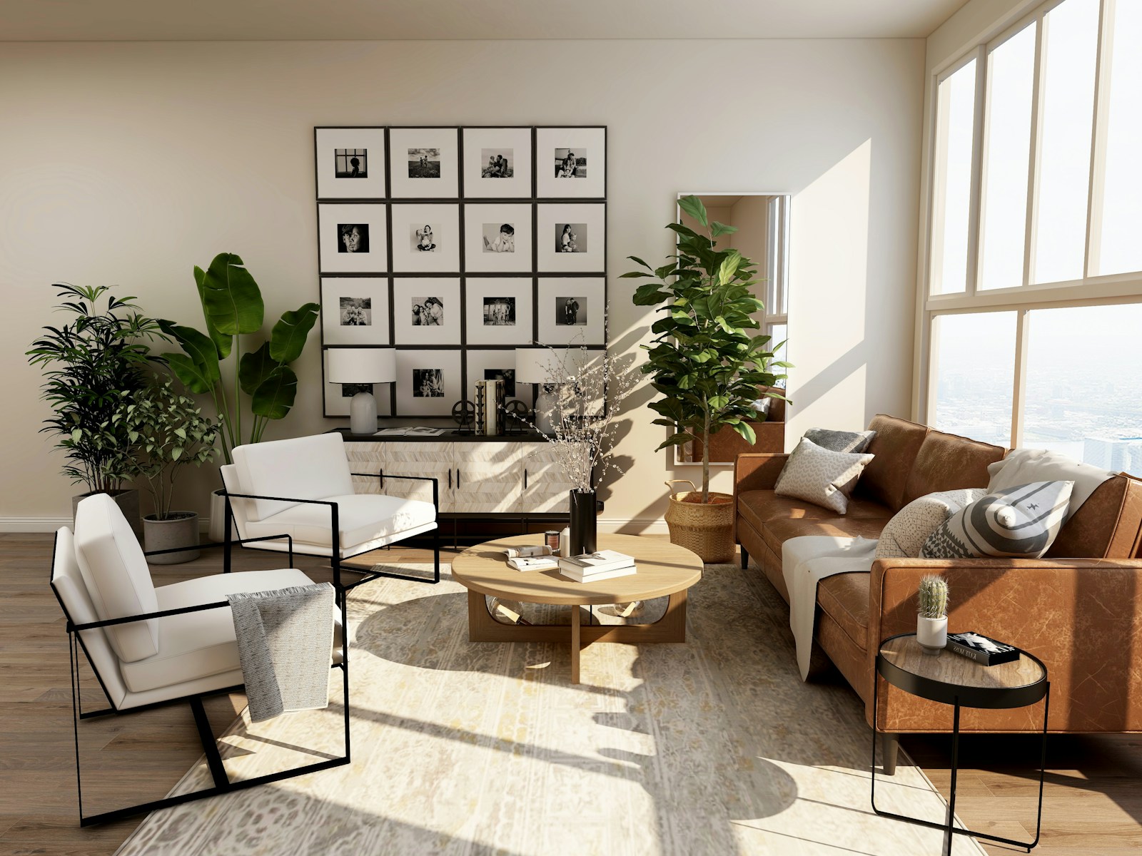 Sunlit living room with natural textures and comfortable seating